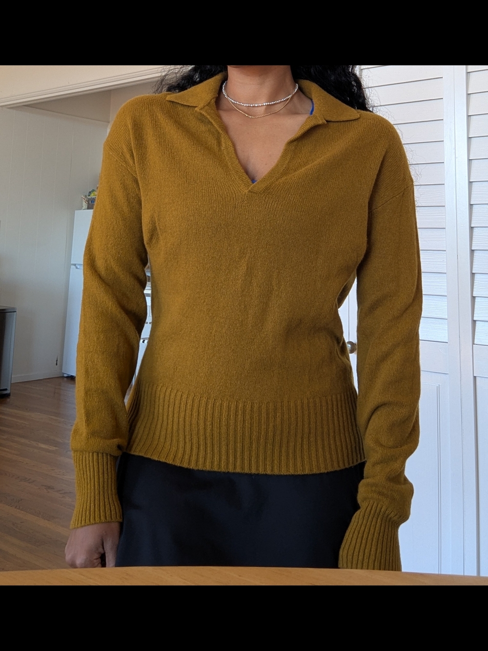 Everlane V-Neck Collared Sweater in Mustard